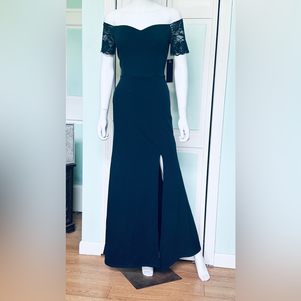 Size Large 10 Navy Fitted Bridesmaid Mother of Bride Groom Off Shoulder stretch
